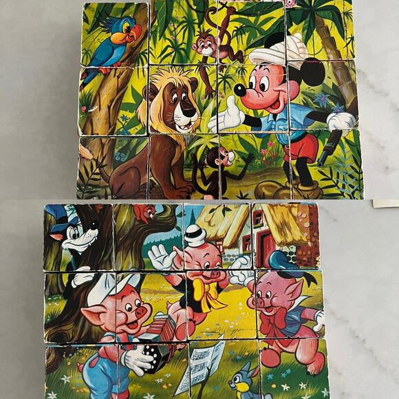 Disney Mickey Mouse Picture Cubes 12 Wood Blocks Puzzle Box Set 60s West Germany - Picture 9 of 13